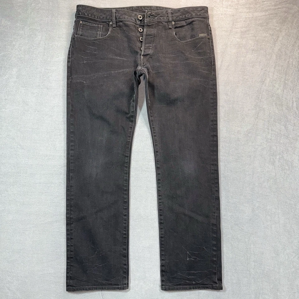 Jeans masculino G Star Raw Attacc perna reta 38x32 preto denim botão elástico mosca - Imagem 2 de 4