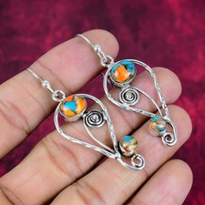 Orange Copper Turquoise Gemstone 925 Sterling Silver Handmade Jewelry Earrings