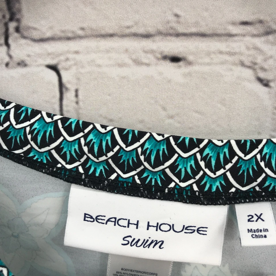 Top de baño Beach House para mujer 2X negro floral cremallera completa manga larga elástico Foto 2 de 4