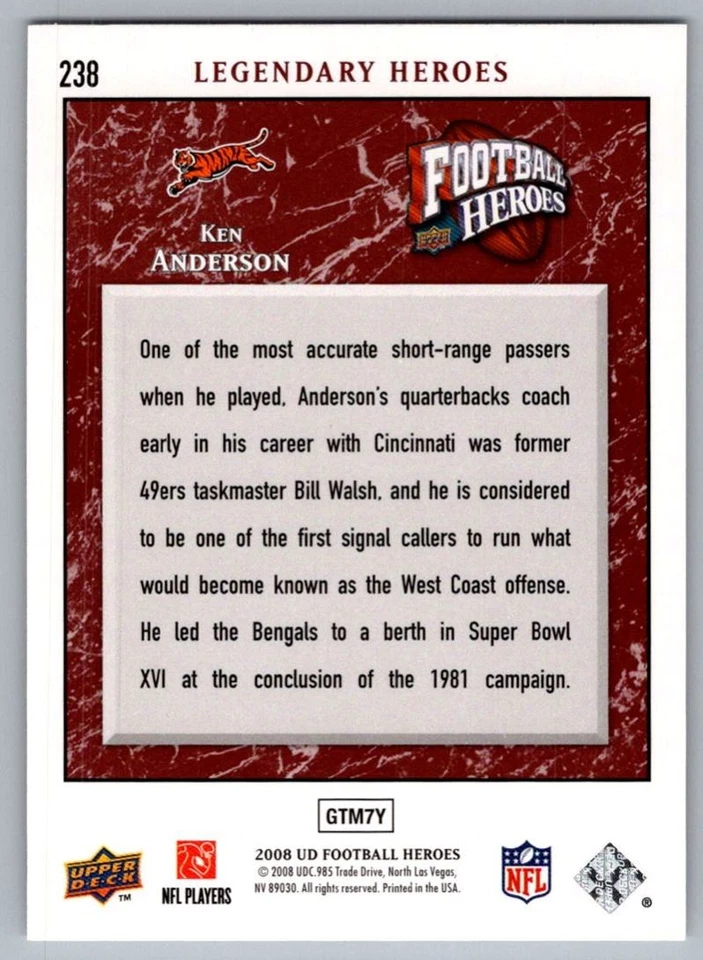 2008 Upper Deck Heroes Ken Anderson Cincinnati Bengals #238 - Image 2 of 2