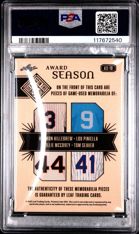 PSA 9 BOOKEND 5/5 1969 Premio Temporada Killebrew Piniella McCovey Seaver Cuádruple Reliquia Foto 3 de 3