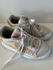 Nike Ja 1 White Gold Blue Graphic Print Basketball Sneaker Lace Up Youth 3.5 GUC