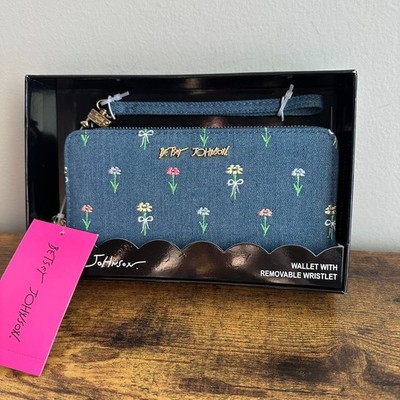 New Betsey Johnson Blue Denim Flowers Wallet Clutch Wristlet Large