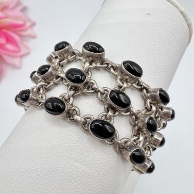 Silver Chainmail Black Stone Toggle Clasp Bracelet Tested 29 Grams READ