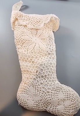 Vintage White Crochet Lace Christmas Stocking Lined Doily Granny Cottagecore 15''