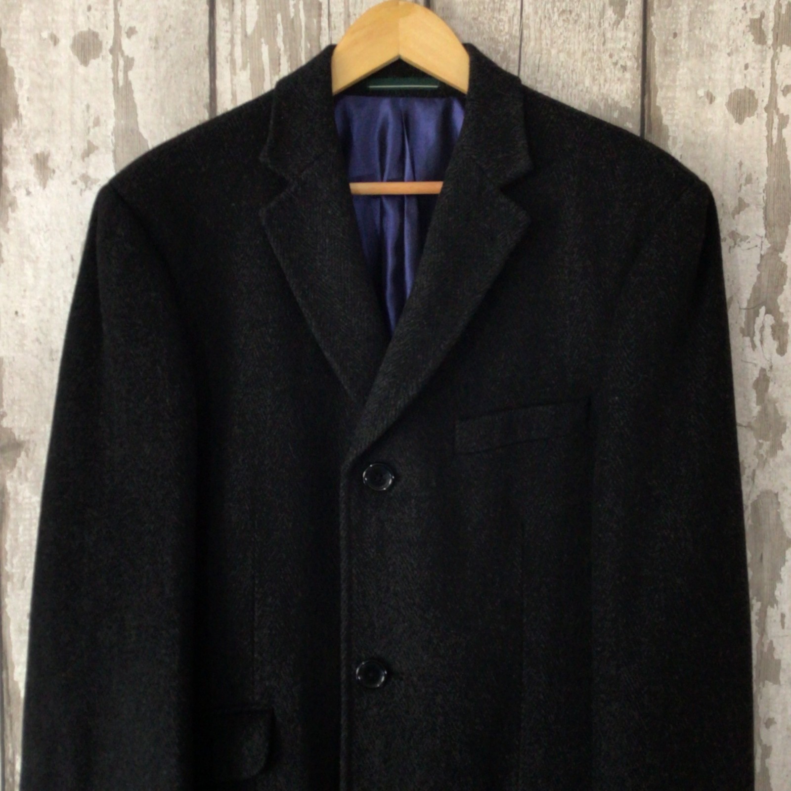 GREENWOODS Mens Overcoat 38R Cashmere Blend Black Grey Herringbone Crombie Style image 4