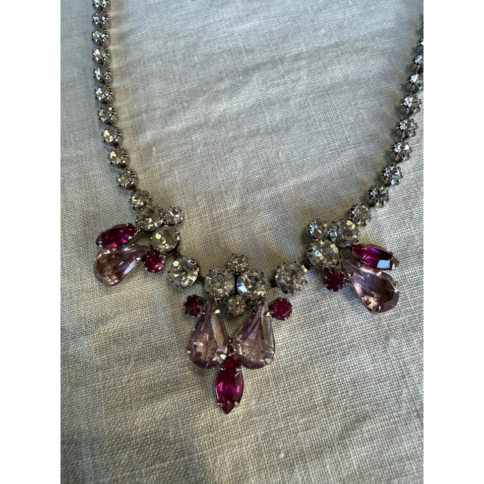 Juego de pendientes collar de diamantes de imitación de cristal vintage piedras rosa púrpura sobre plata Foto 3 de 4