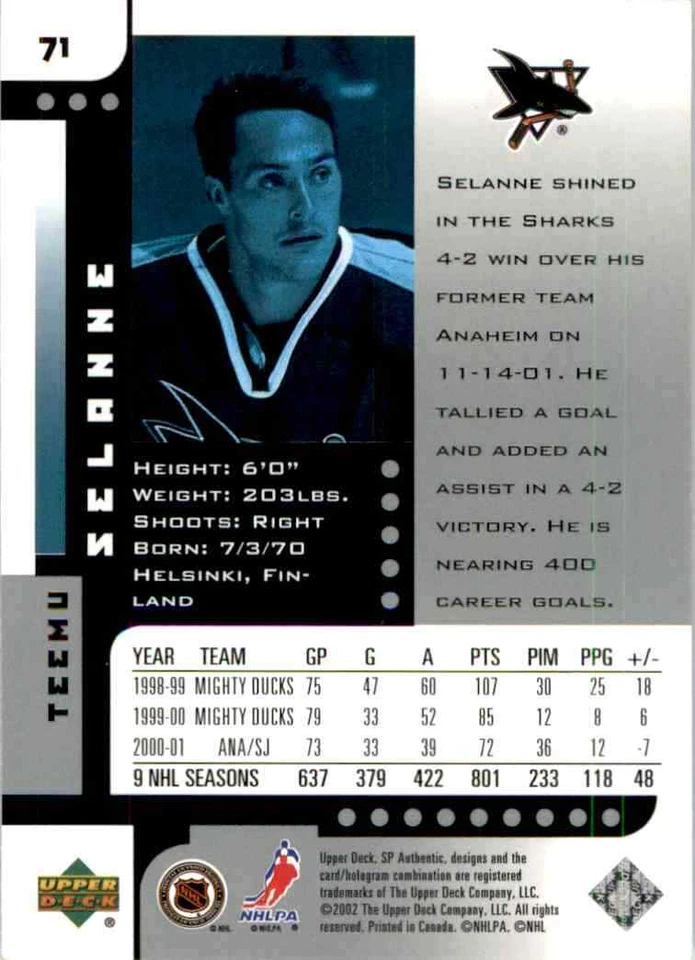 2001-02 Upper Deck SP Authentic Teemu Selanne #71 - Image 2 of 2