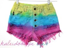 Vtg High Waist RAINBOW Ombre Dip Dye Dyed Denim Destroyed Cut Off Shorts XS