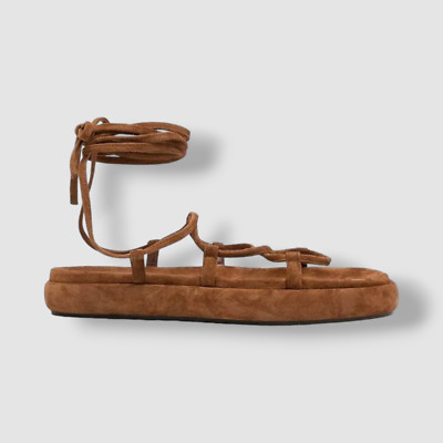 $840 Khaite Women's Brown Alba Lace-Up Suede Strappy Sandal Shoes Size 37
