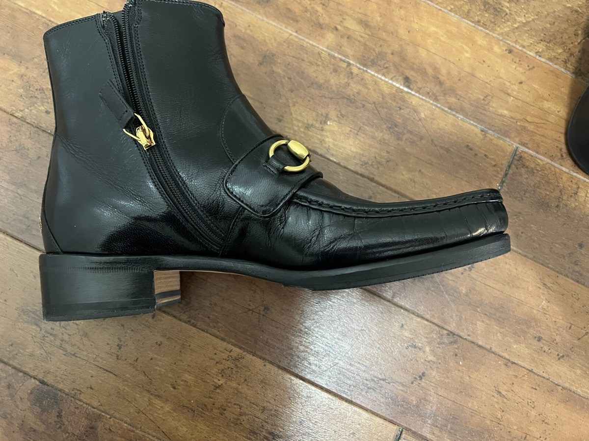 Gucci Mens Black Leather Chelsea Boots Bee Logo Zip Size 7 / US