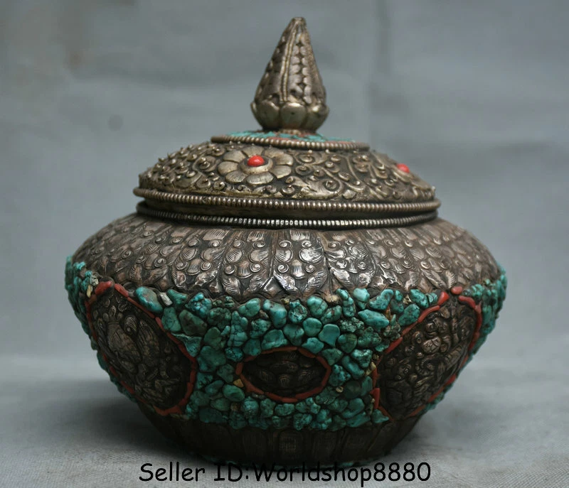 Templo de budismo tibetano antigo 7" prata turquesa tampa de rosto de besta pote jarra crock - Imagem 4 de 4