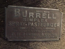 Burrell Simplex Spray Pasterurizer NAMEPLATE