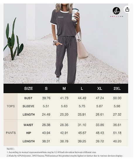 Women’s Two Piece Outfits Short Sleeve Long Pants Set Medium Gray