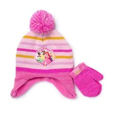 New Disney's Princess Toddler Girl Striped Pom Beanie  Mittens Set 2T-4T