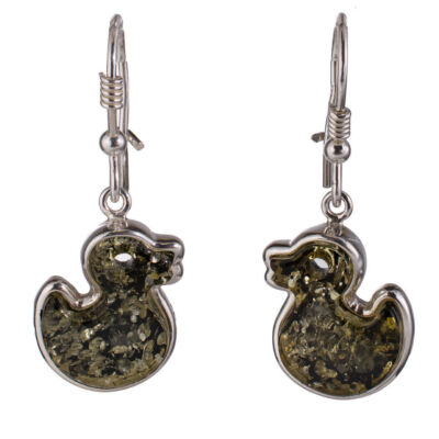 Sterling Silver and Baltic Amber Kidney Hook Green Amber Duck Earrings