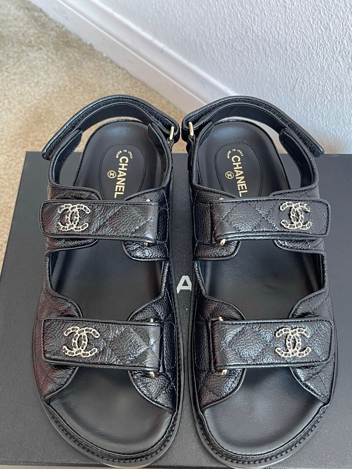 NEW CHANEL Black Caviar Dad Sandals with Receipt | eBay