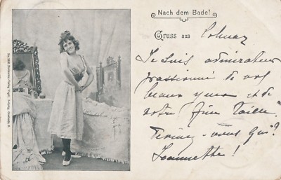Postcard women: after the bath - greeting from Colmar 1898