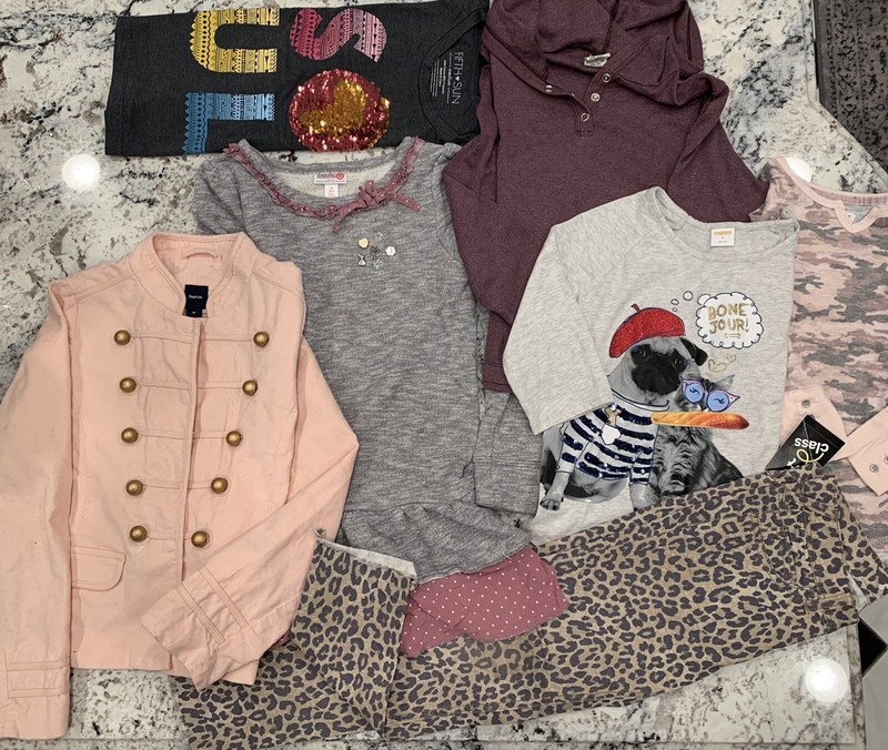 Lot 7 Pcs - Gap Kids Girl's Military Jacket, Annie Dress, Cheetah Jeans, 4 Tops