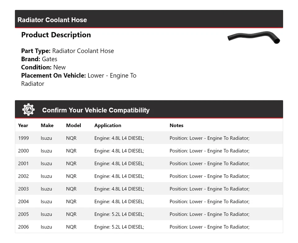 For 1999-2006 Isuzu NQR Radiator Coolant Hose Lower - Engine To Radiator Gates - Image 2 of 4