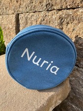 NEW DENIM BLUE COSMETIC BAG , ZIPPER CIRCLE , GREAT FOR TRAVEL ROOMY JEWELRY
