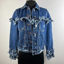 ZARA Trafaluc Denim Blue Jean Fringe Boho XS Jacket NWT
