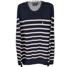 Nautica Navtech Mens XL Navy Blue White Striped Crewneck Knit Sweater Logo