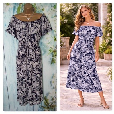 Neu Muskat Bardot Kleid Größe 18 Marine Blätter Schulterfrei Gerafft Strand Urlaub