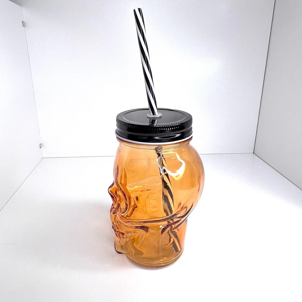 Calavera Vidrio con Pajita Halloween Naranja Viaje Taza Masón Tarro Taza 14oz Foto 3 de 4