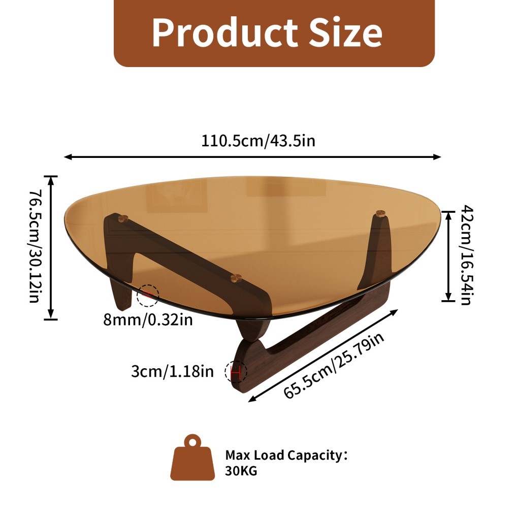 Noguchi Coffee Table Triangle Glass Top Premium Solid Hardwood 