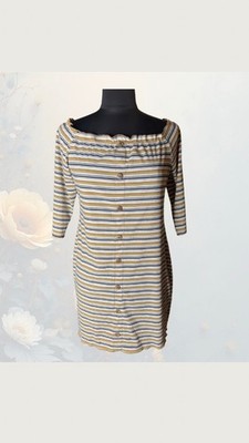 Striped Off-Shoulder Ribbed Knit Dress XL Button Front Bodycon Mustard Neutral