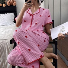2Pcs Womens Ladies Print Nightwear Pajamas Set Stripe PJS Short Sleeve Sleepwear
