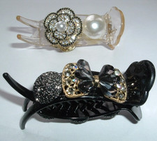 PAIR JEWELED BLACK AND WHITE PONYTAIL HAIR JAW CLAW CLIPS 3" NWT