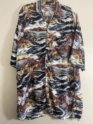 Ferrous Tropical Print Button-Up Shirt in Black, Brown & Cream