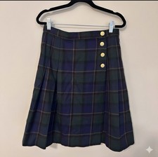 Lord  Taylor Vintage 100 New Wool Tartan Plaid Pleated Wrap Skirt Green Blue