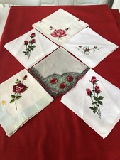 VINTAGE HANKIES HANDKERCHIEFS - LOT OF 6 BEAUTIFUL ROSE BUDS ROSES