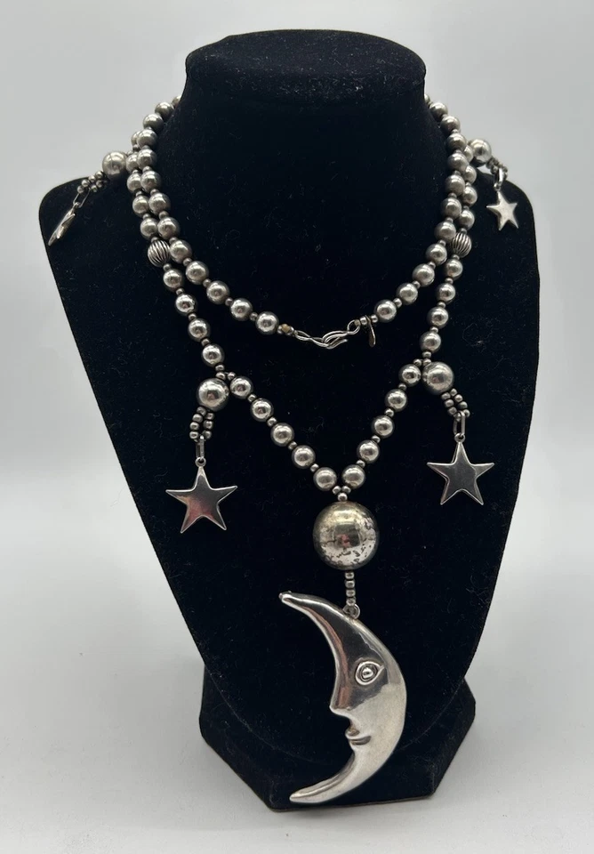 "Collar Mark Jiménez Grueso Plata Esterlina Grande Luna y Estrellas Cuentas De Colección Navajo38""" Foto 3 de 4