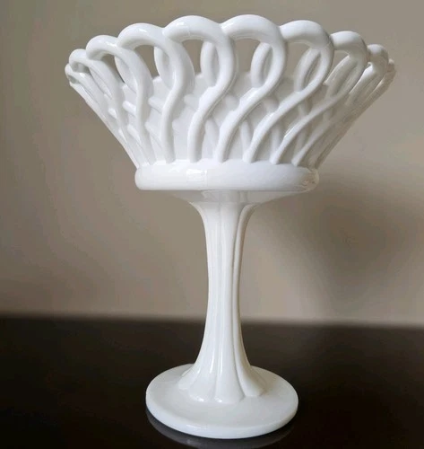 Vintage Tall Lace Loop Edged Milk Glass Pedestal Fruit Compote Bowl