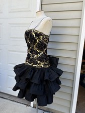 Vintage 1980s 90s Black Gold Sequin Appliqu Tiered Ruffle Cache Dress S Bust 34