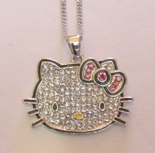 HELLO KITTY Silver-tone Rhinestone Bling NECKLACE Pendant Adjustable Chain NEW 