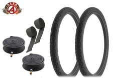 DURO BICYCLE TIRES 26 x 1.95 BLACK CITY CAVALIER W/HEAVYDUTY TUBES & RIMSTRIPS.