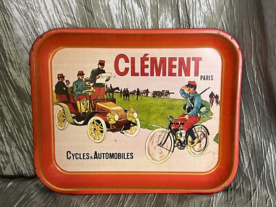 Vintage Clement Paris Cycles & Automobiles Metal Serving Tray Green Bicycle Tin