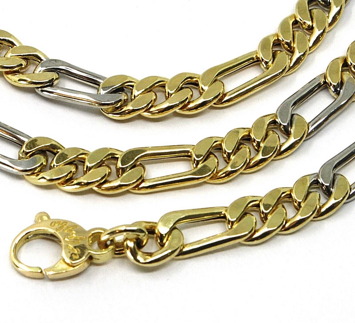 18K YELLOW WHITE GOLD CHAIN BIG 6 MM ROUNDED FIGARO GOURMETTE ALTERNATE 3 1 20