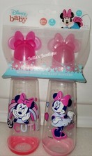 2 PACK DISNEY BABY "HEY CUTIE" MINNIE MOUSE 3D CHARACTER MOLDED LID BOTTLES. 0M