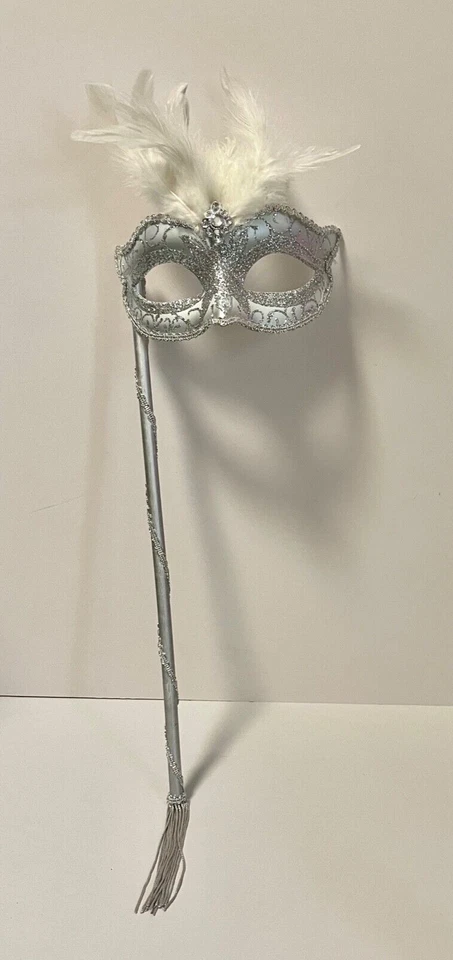 Authentic Venetian Face Mask Silver Fancy Dress Masquerade Handmade Real Feather - Image 2 of 4