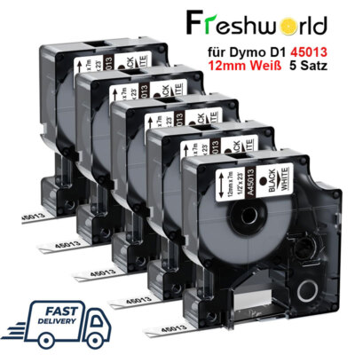 5x Beschriftungsband Kompatibel zu Dymo D1 45013 S0720530 Schwarz auf weiß 12mm