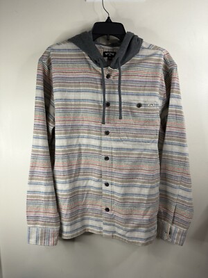 Billabong Baja Flannel Button Up Jacket Mens Small Striped Hooded Shirt
