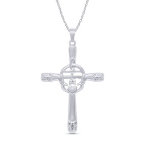 Authentic Trinity Knot Claddagh Celtic Cross Pendant Necklace 14k White Gold Plated Silver