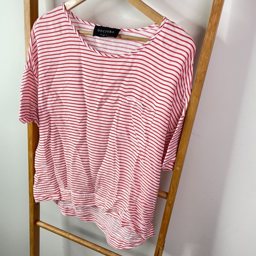 Decjuba Shirt Top Womens Small Red White Striped Short Sleeve Casual Viscose - Picture 3 of 11