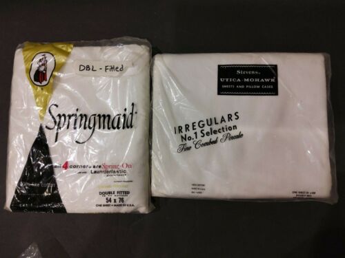 Vintage SPRINGMAID Full Fitted & Stevens Irregular Flat Sheet White Percale NIP - Picture 1 of 4